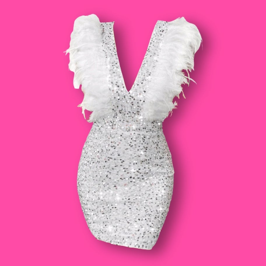FEATHERY" White Sequined BodyCon Dress | LUXE Department Store FEATHERY" White Sequined BodyCon Dress | LUXE Department Store